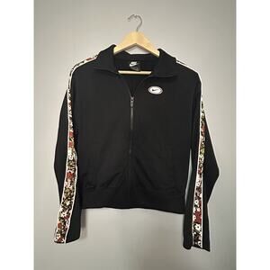 Nike Jacket Womens Small Full Zip Black Femme Polyknit Floral Print Sleeves